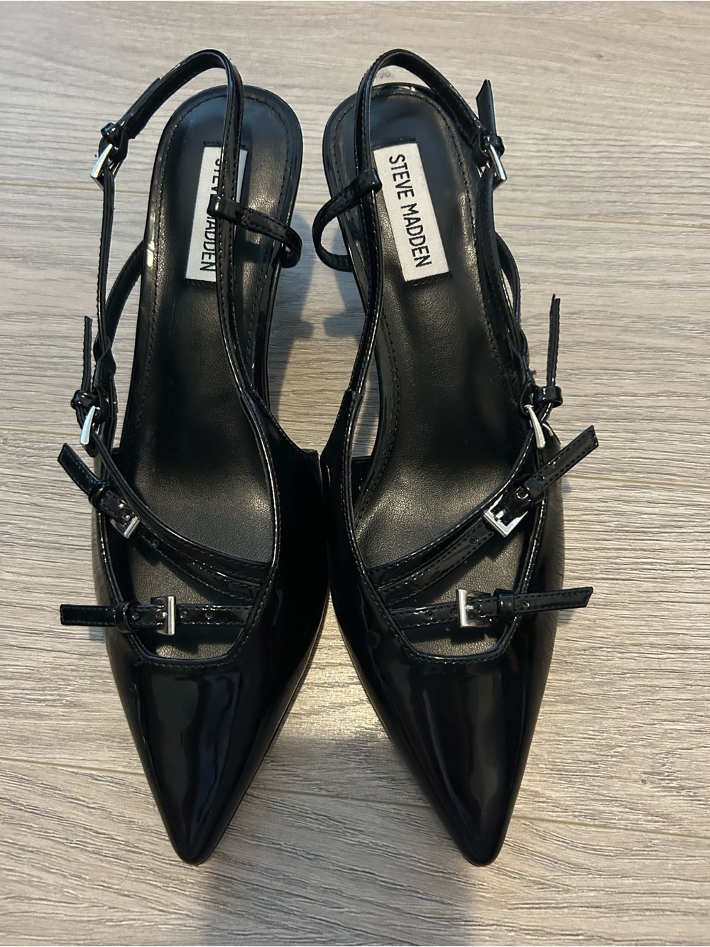 Steve Madden Black Patent Pointed Slingback Heels with Buckle Straps